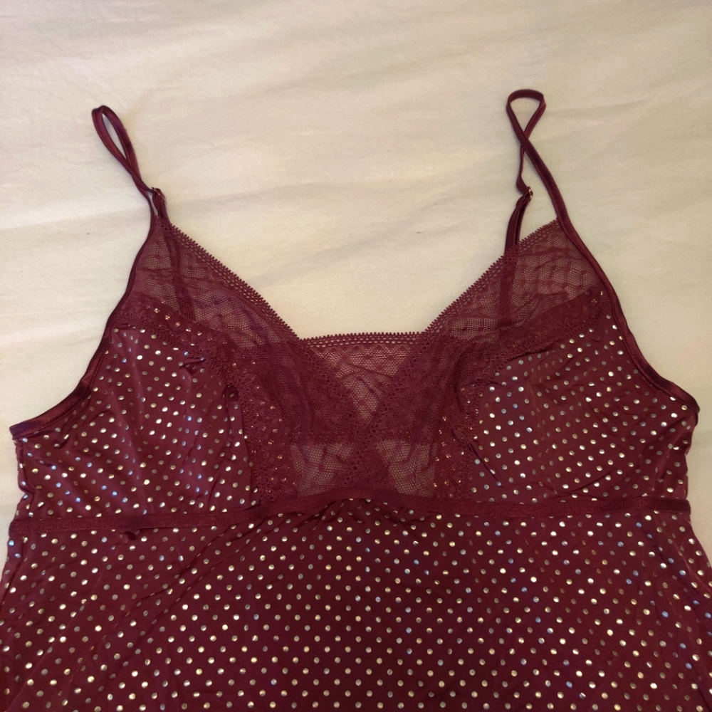 NWOT Victoria's Secret Gold And Maroon Polka Dot Slip Dress Lingerie ~ Sz. S